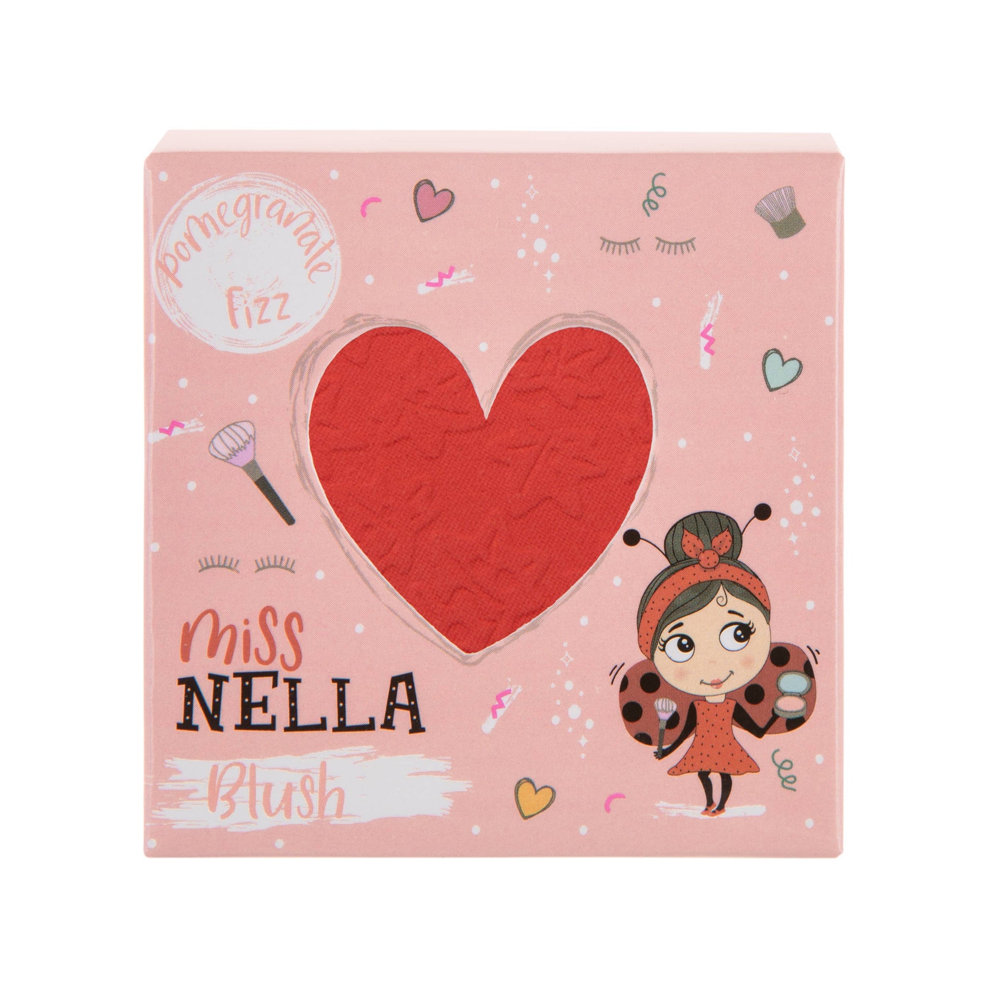 Pink blush packaging with a red heart and cartoon ladybug character on a white background
