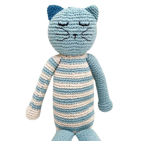 Knitted cat toy with blue and white striped body on a white background
