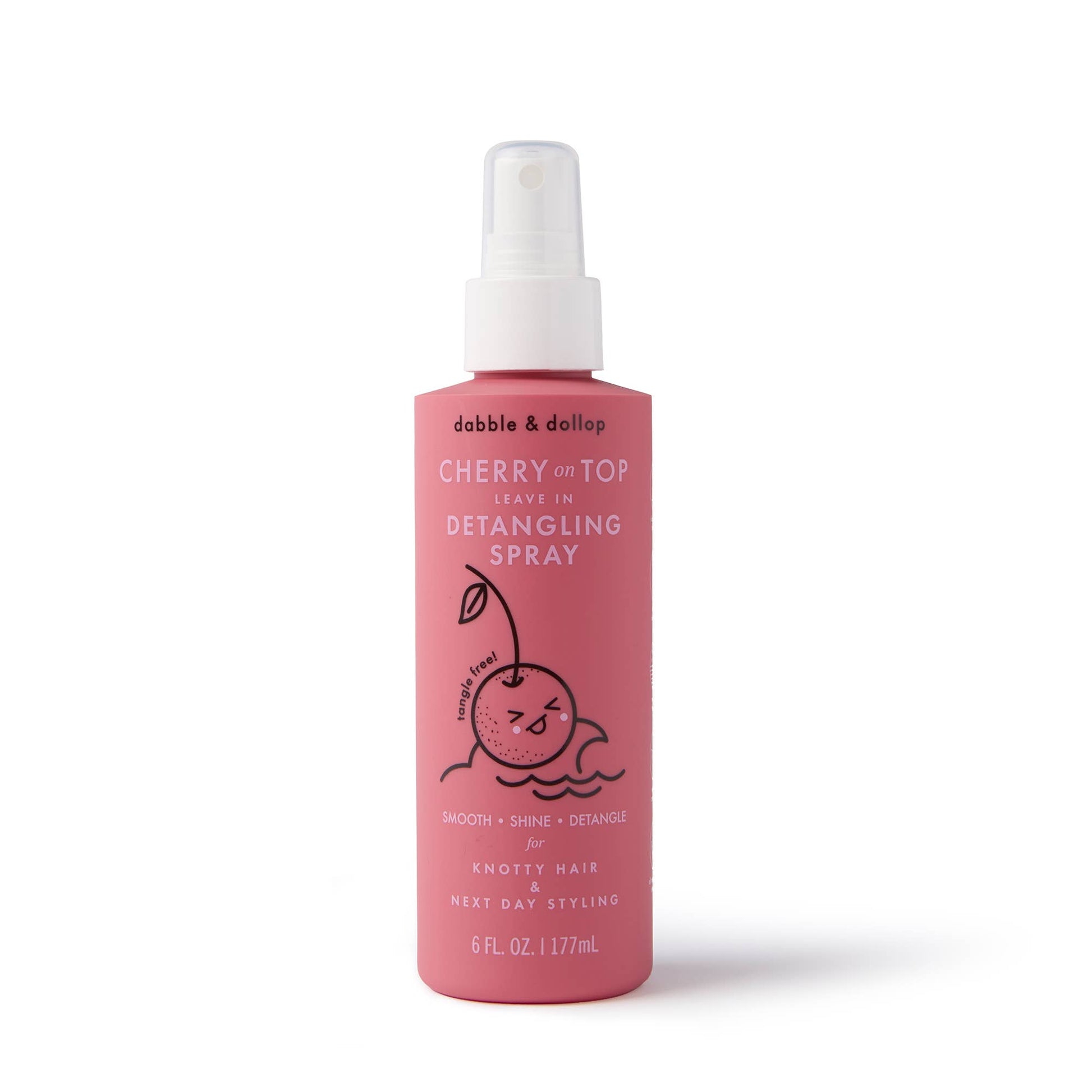 Pink detangling spray bottle with cherry design on a white background