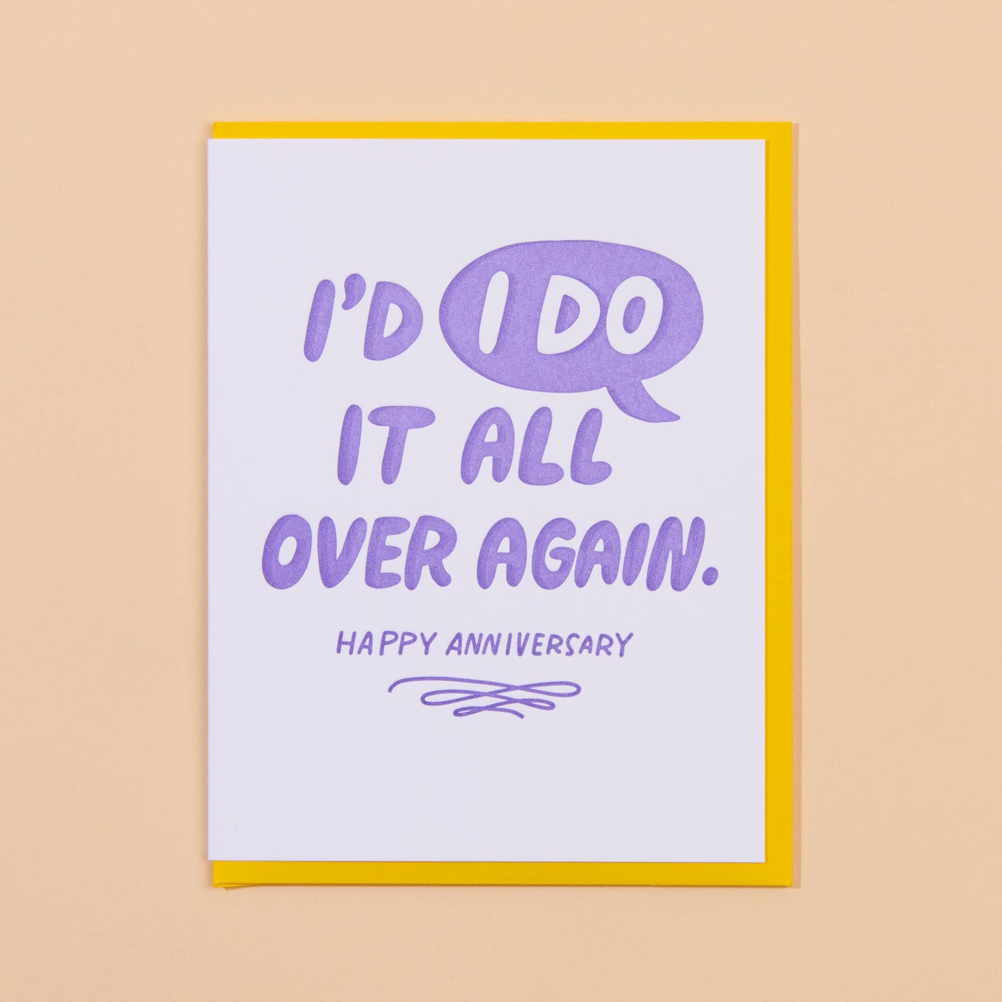 Card with purple text on a white background, framed in yellow, against a beige background.