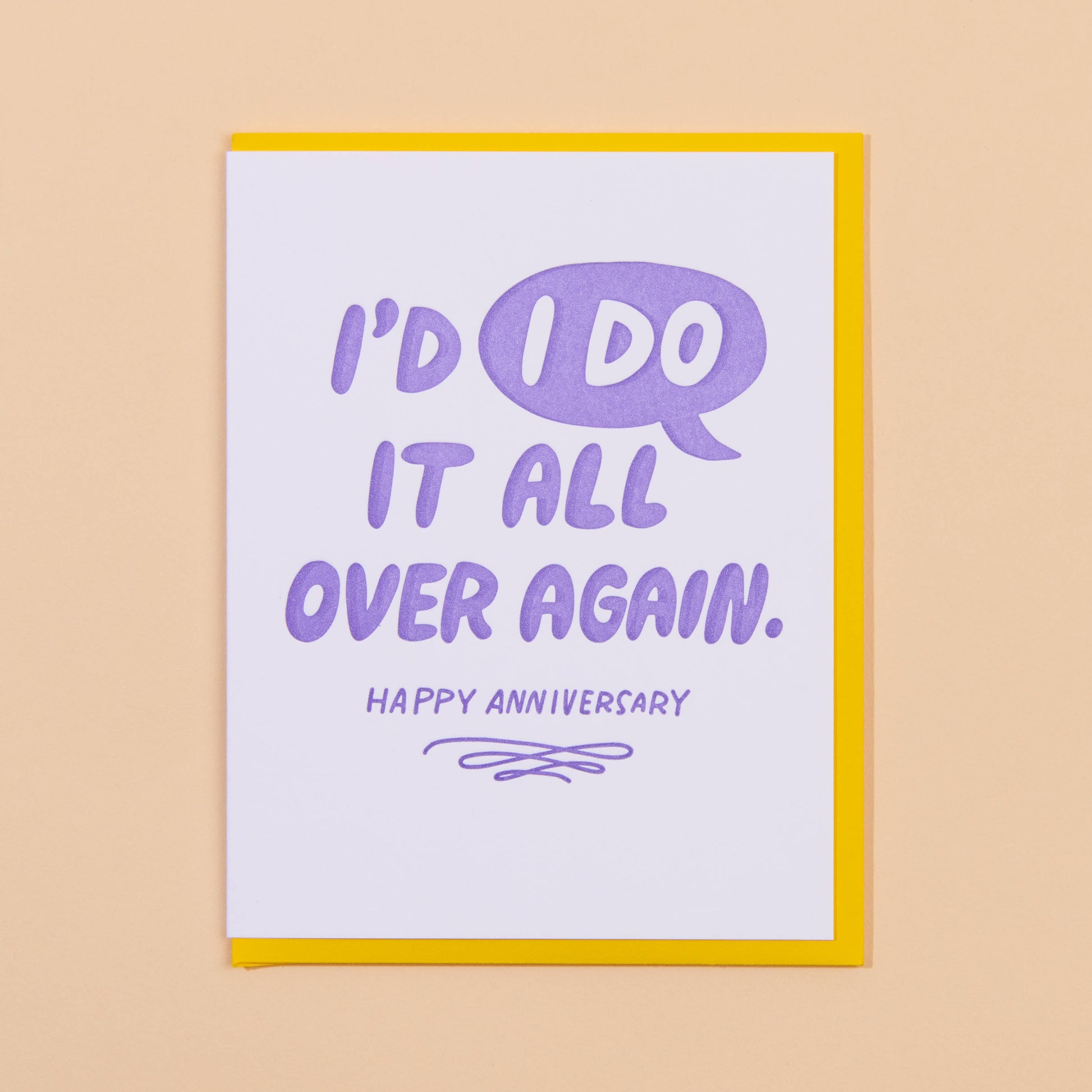 Card with purple text on a white background, framed in yellow, against a beige background.