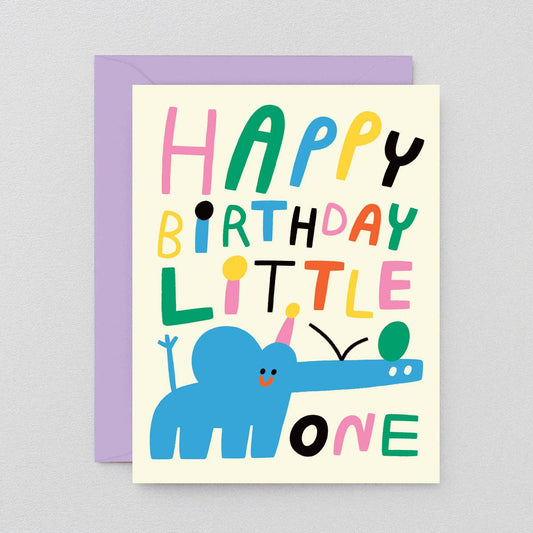 Colorful birthday card with a blue elephant and text on a light gray background