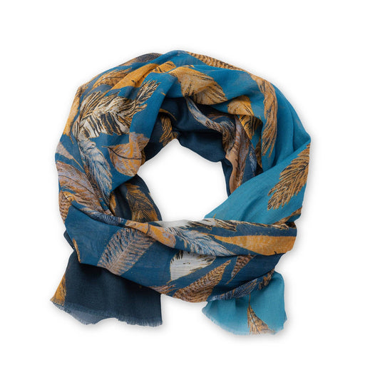 Blue scarf with feather pattern on a white background