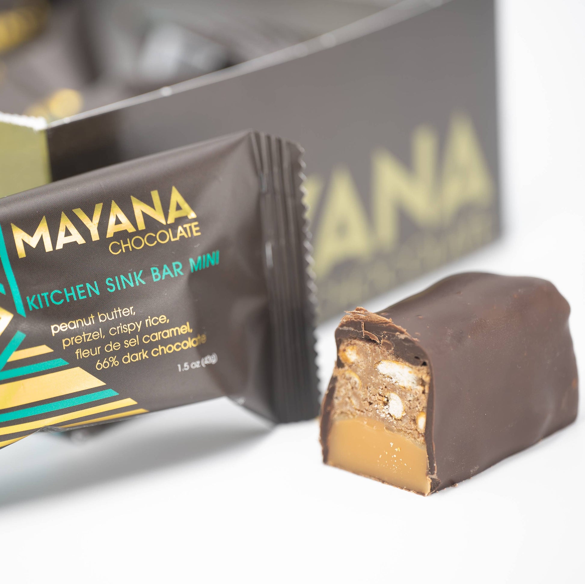 Mayana Chocolate kitchen sink bar with packaging on a white background