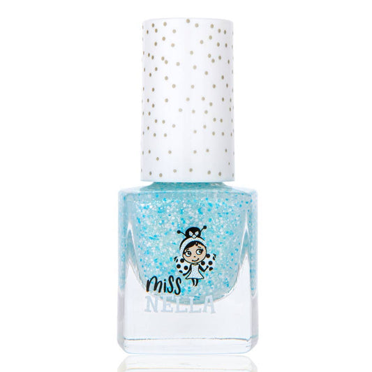 Nail polish bottle with blue glittery polish and white cap on a white background