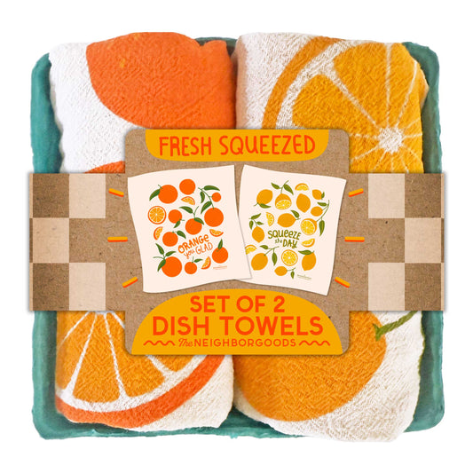 Set of 2 dish towels with orange design and 'Fresh Squeezed' text, Neighborgoods brand visible.