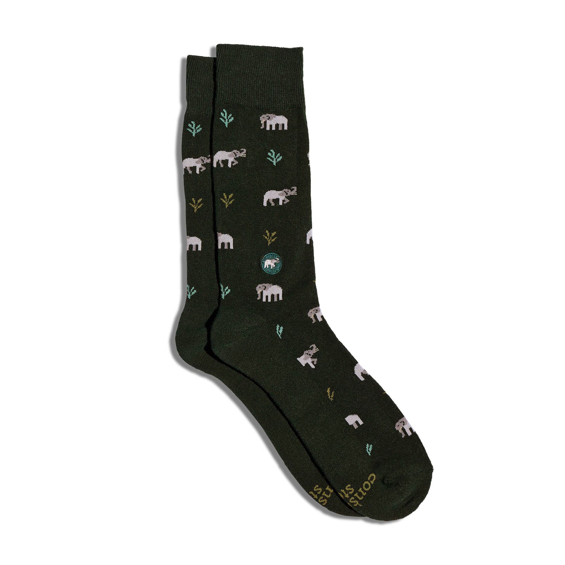 Black socks with elephant pattern on a white background