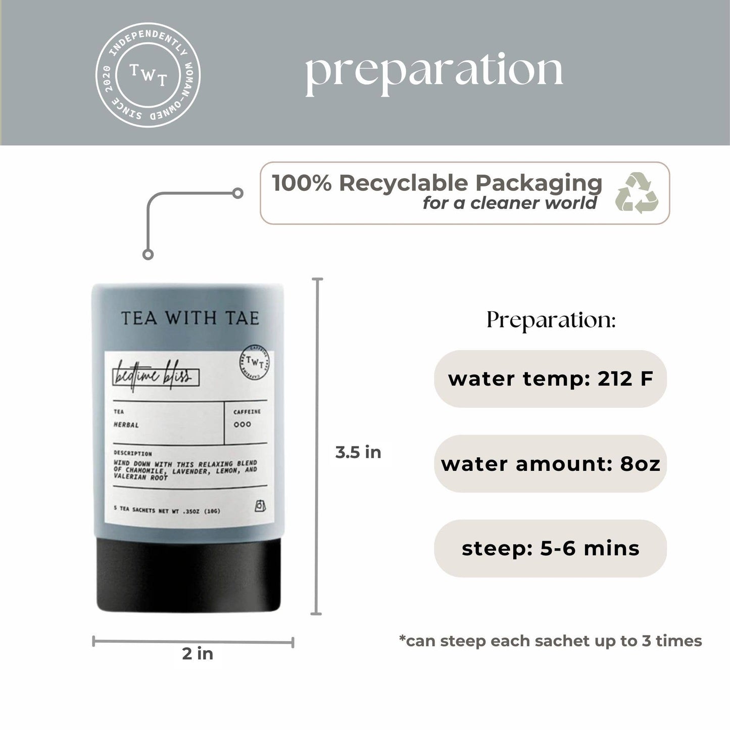 Tea packaging with preparation instructions and recycling information on a white background