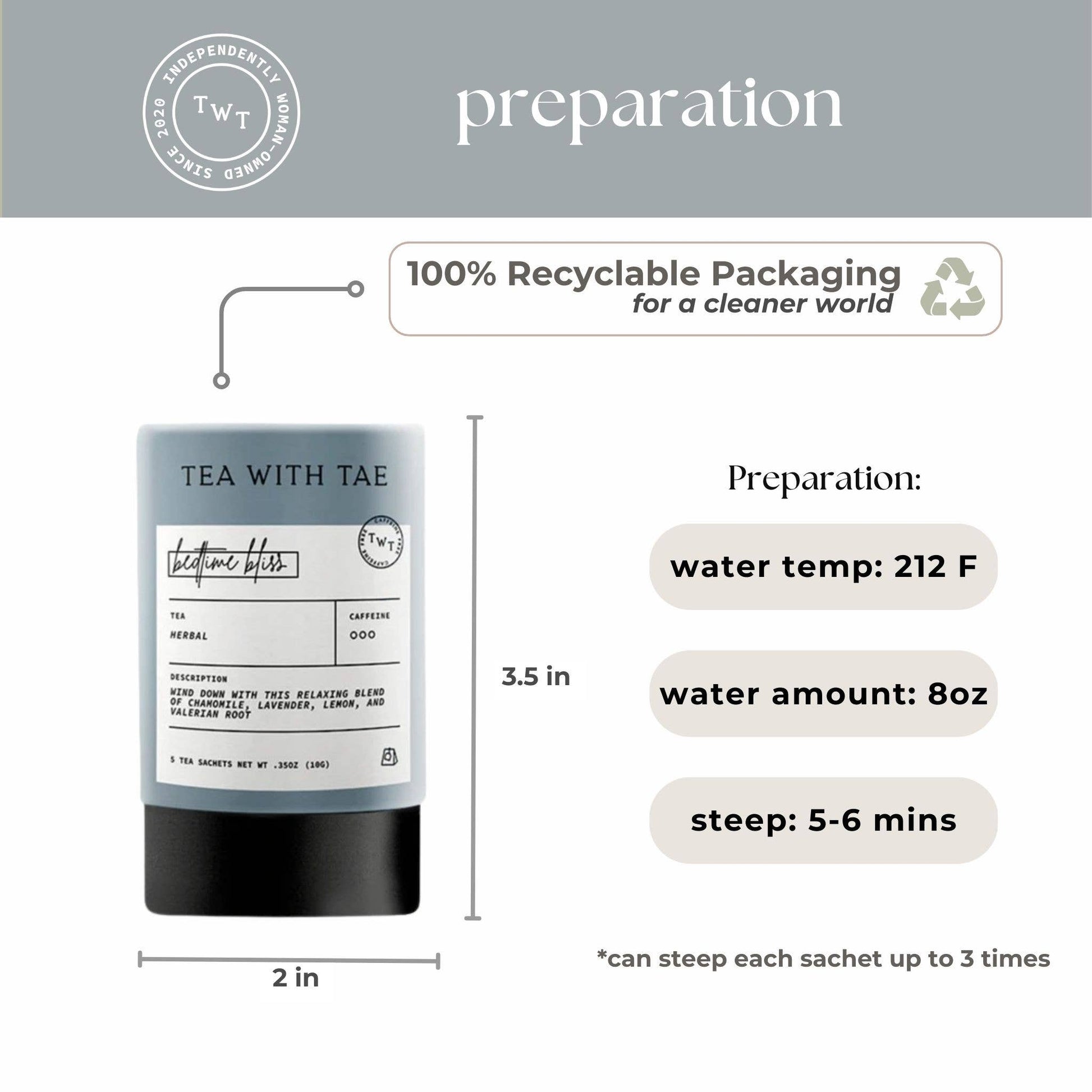 Tea packaging with preparation instructions and recycling information on a white background
