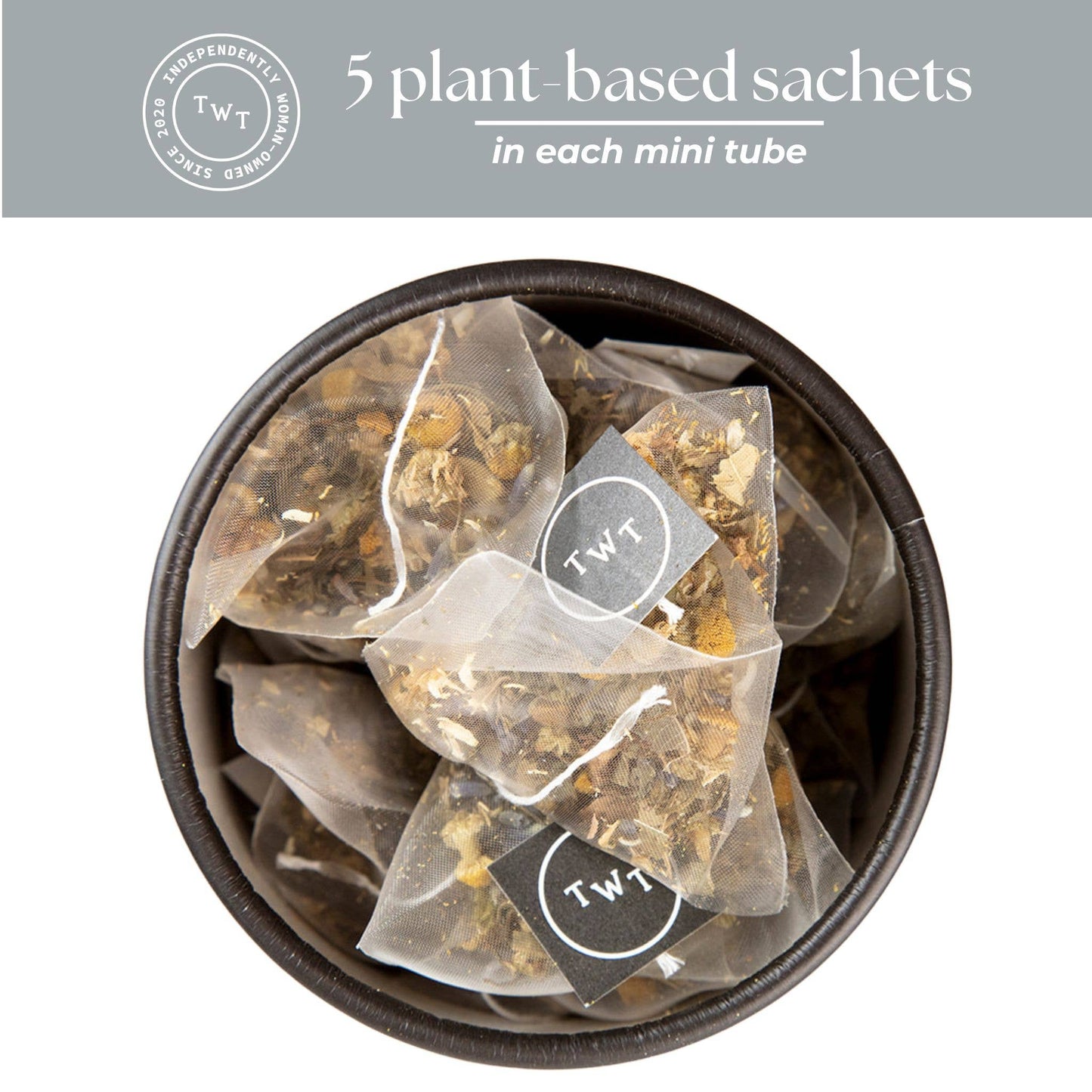 Tea bags in a container with TWT branding on a white background