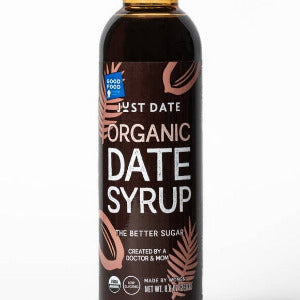 Bottle of Just Date Organic Date Syrup on a white background