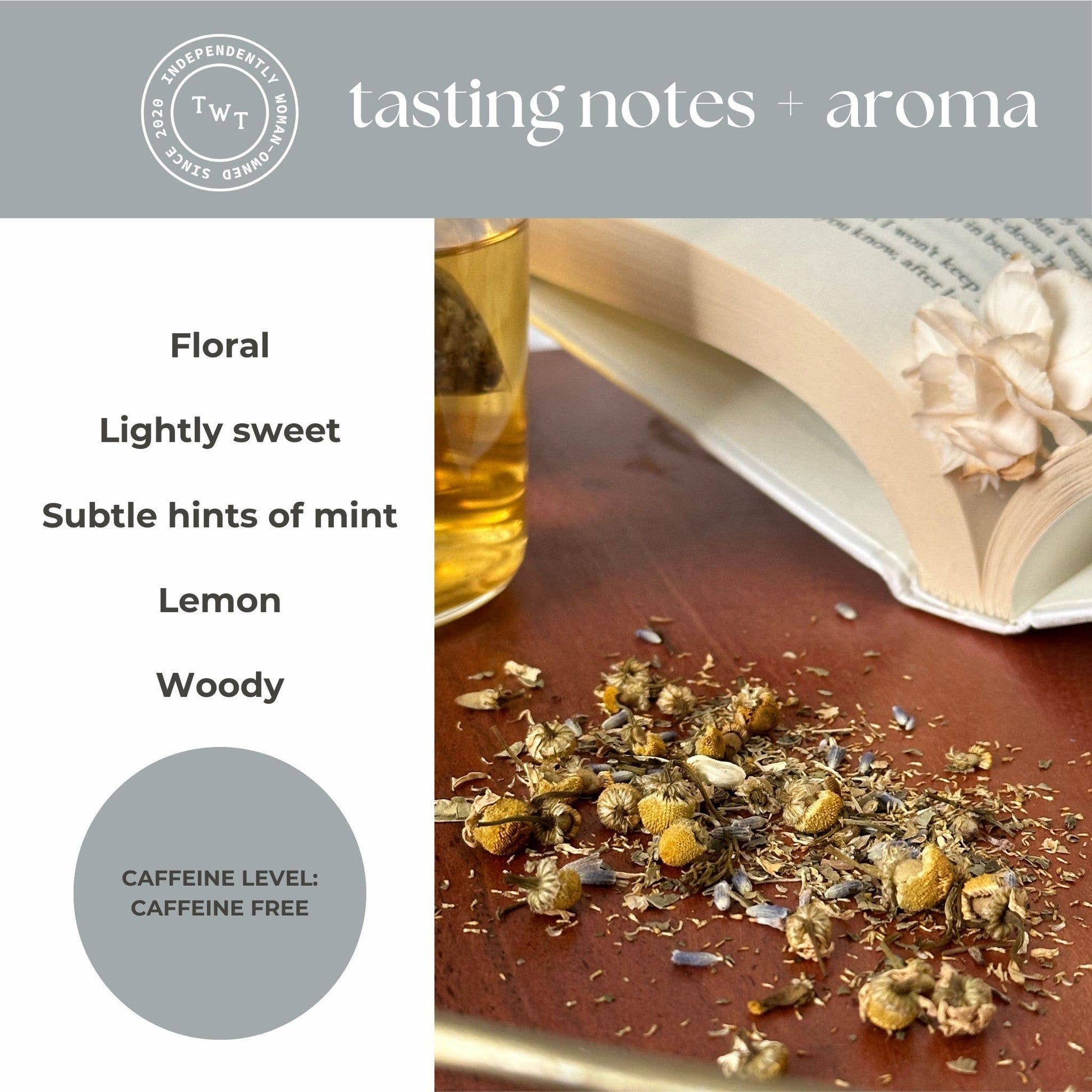 Tea packaging with floral and aromatic notes, a cup of tea, and an open book with flowers on a wooden surface.