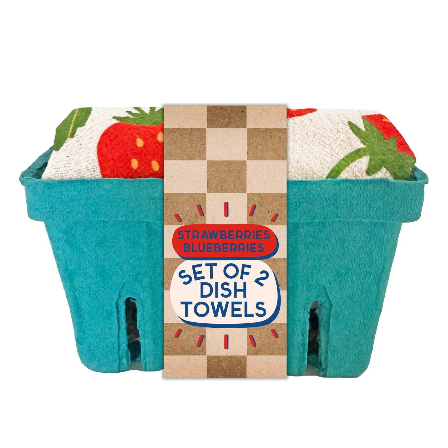 Set of dish towels with strawberry and blueberry design in a teal container packaging.