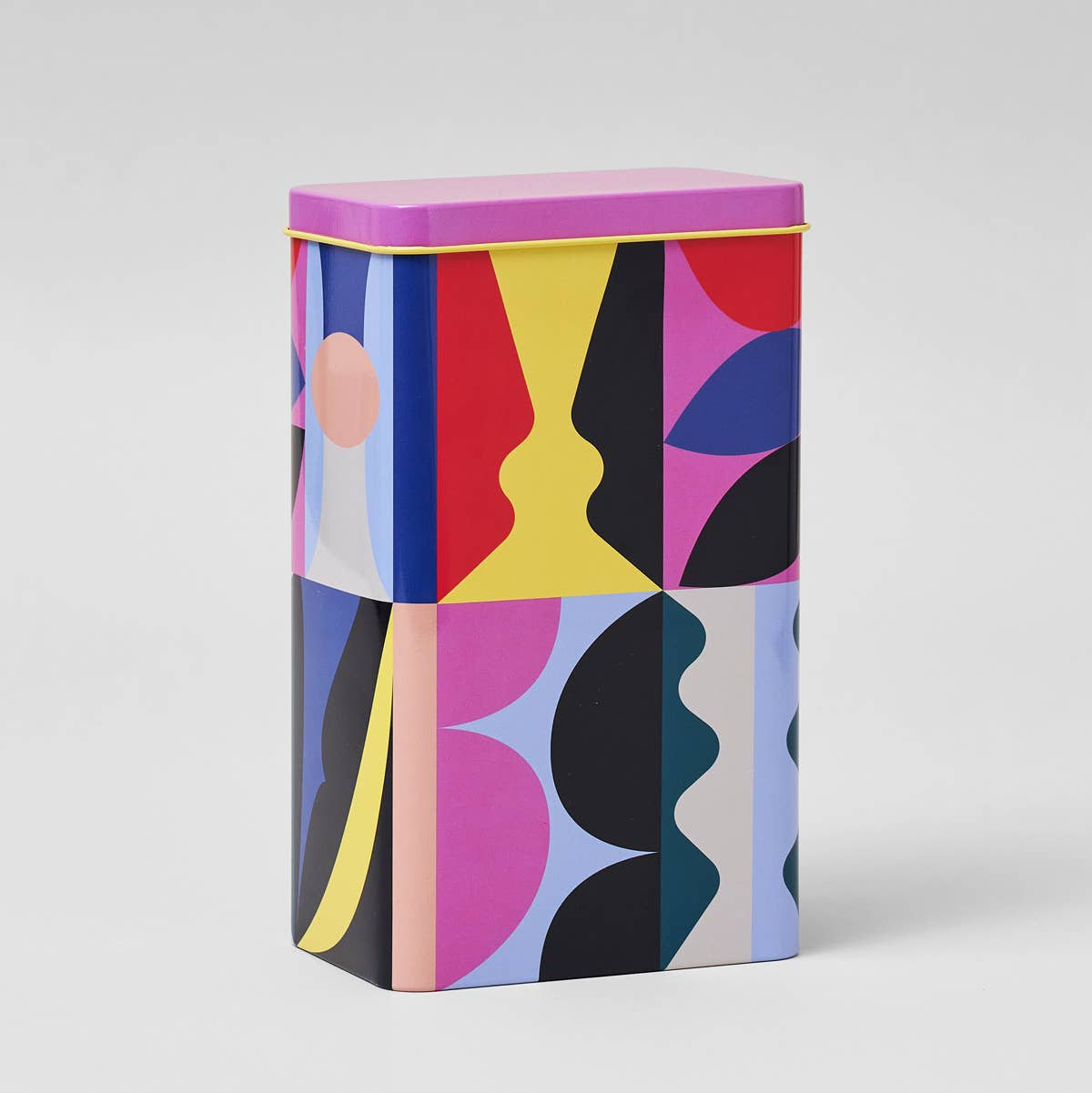 Colorful abstract-patterned box on a light gray background