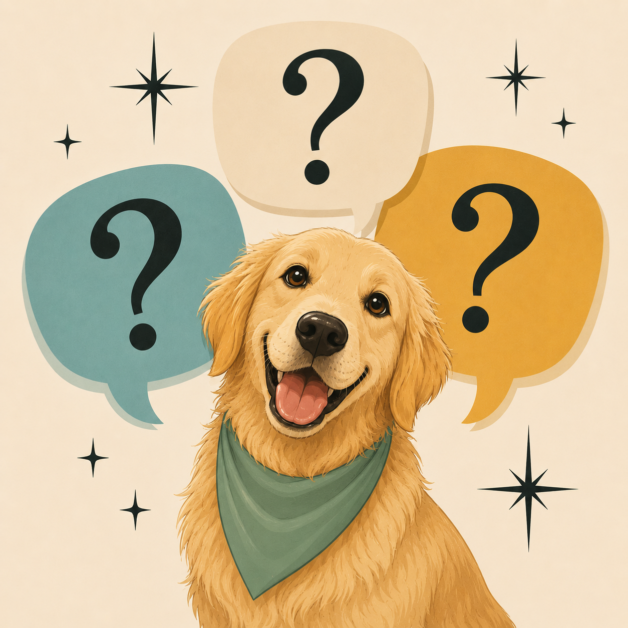 Illustration of a golden retriever with question marks in speech bubbles on a beige background