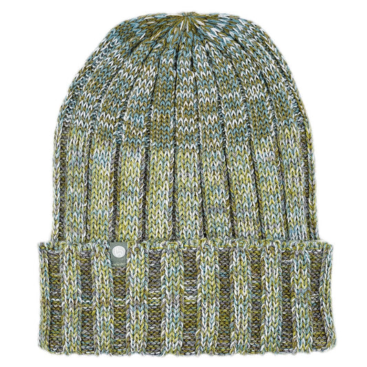 Knitted beanie with a mix of green, blue, and gray colors on a white background