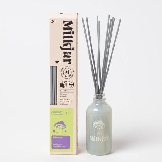Milkjar diffuser bottle with sticks and packaging on a white background