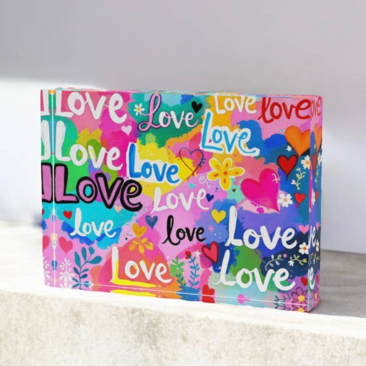 Colorful container with 'love' text and designs on a white surface.
