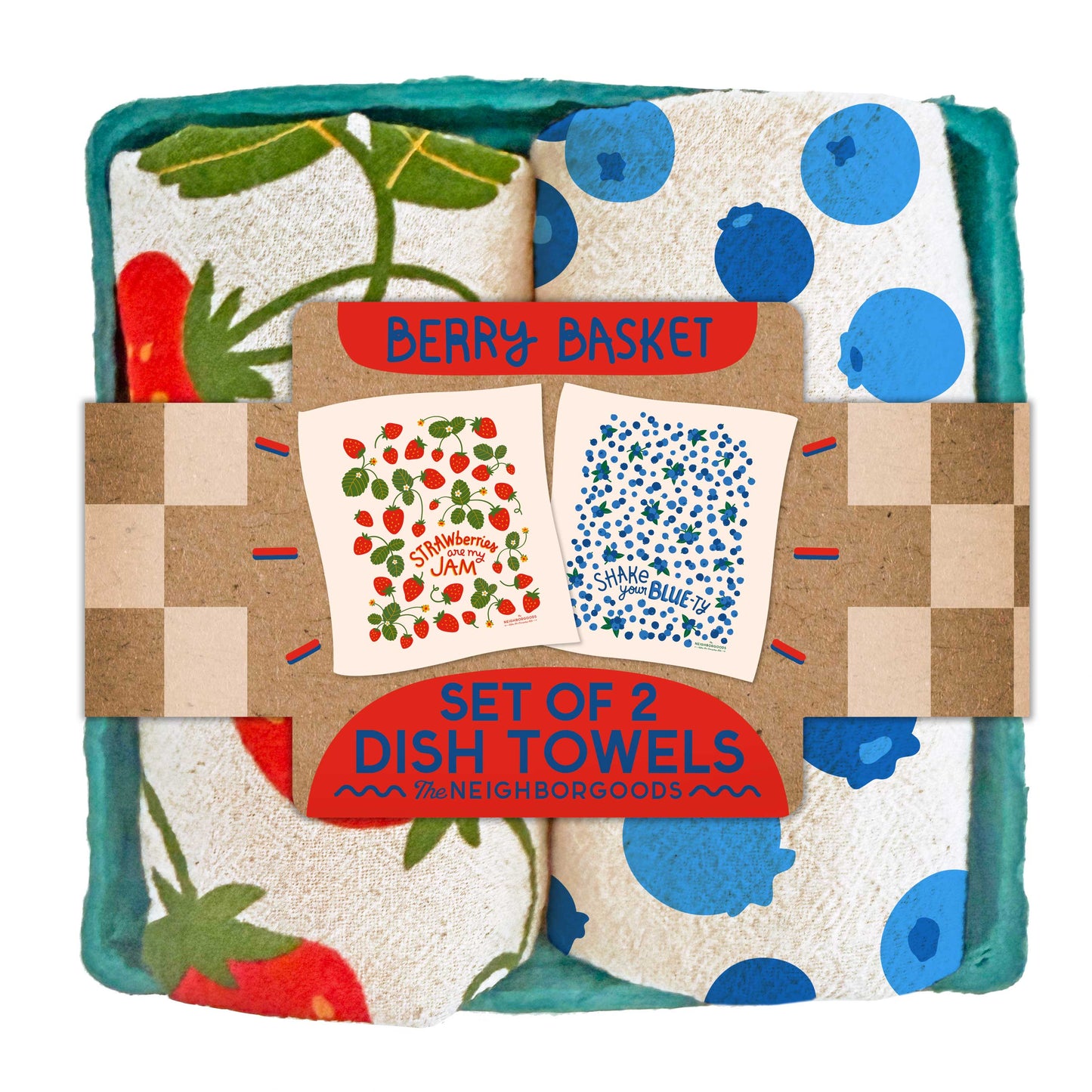 Set of 2 dish towels with berry and strawberry patterns in packaging