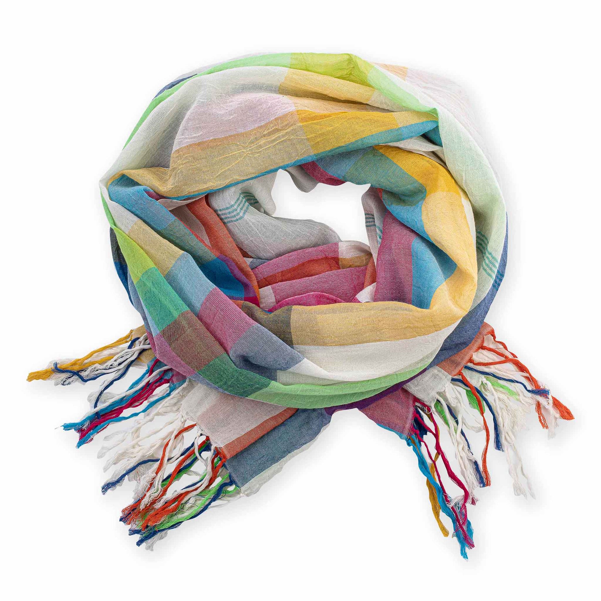 Multicolored scarf with tassels on a white background