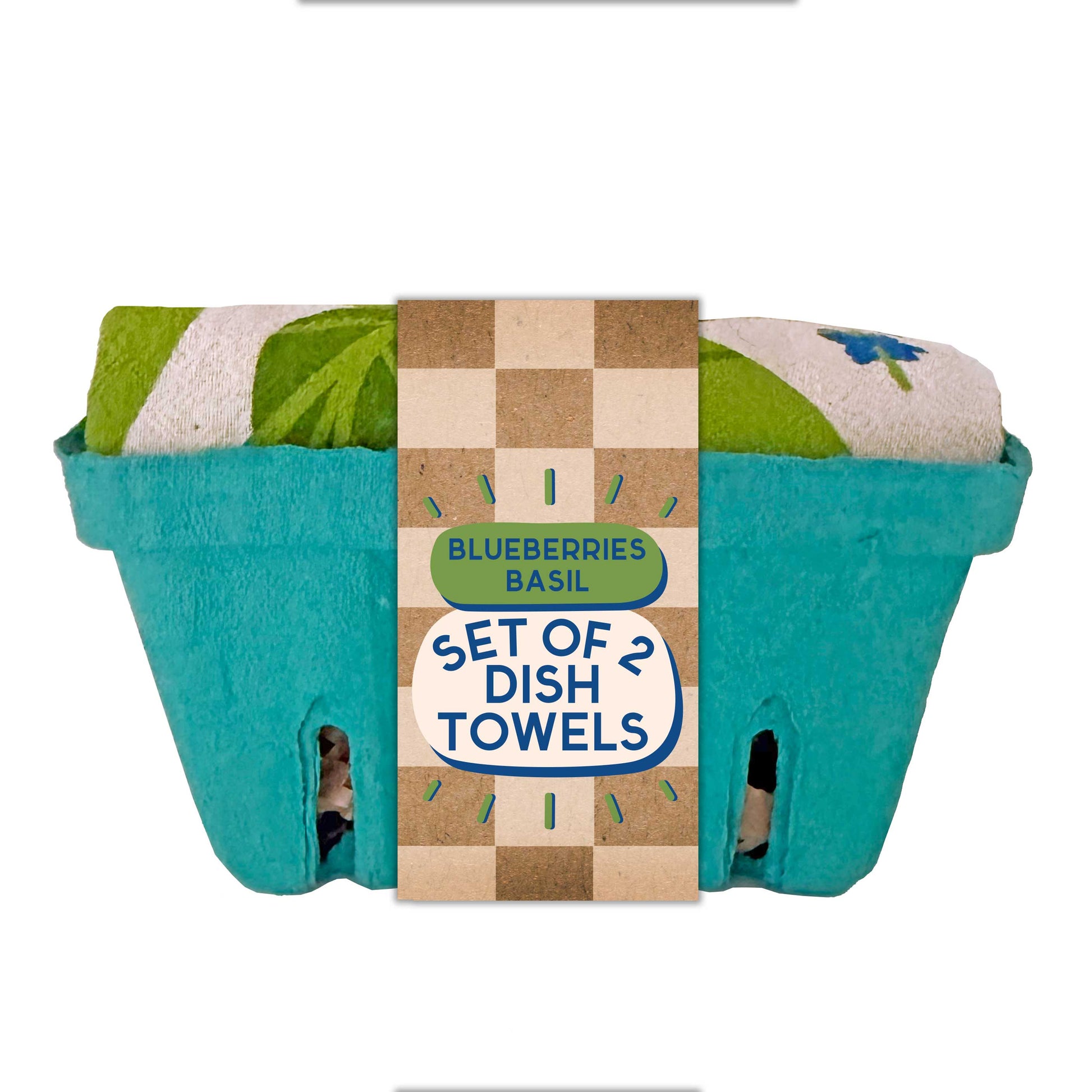Set of dish towels in a blue container with a decorative label.