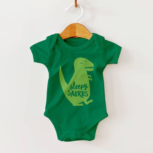 Sleepysaurus Dinosaur on Green Baby Bodysuit