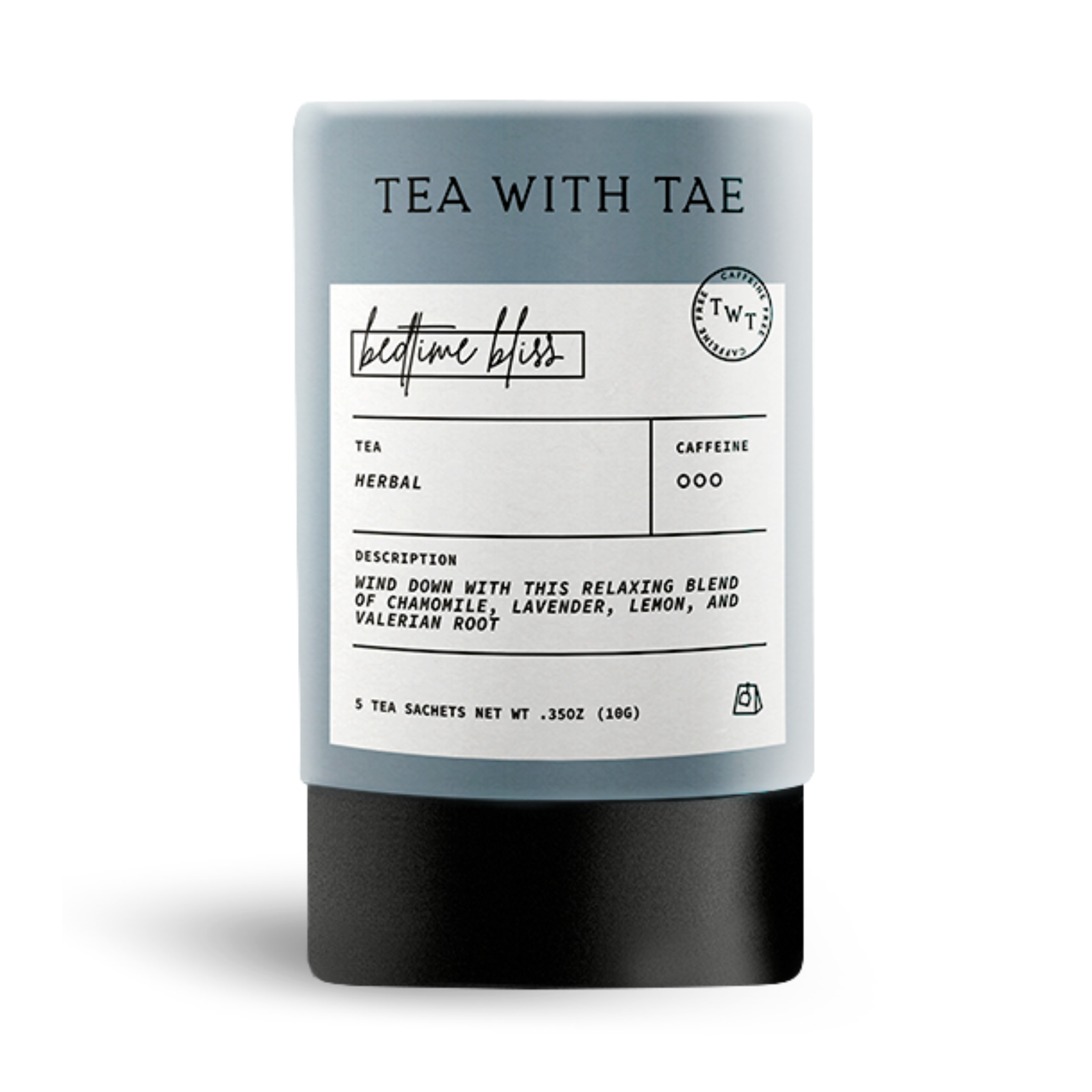 Tea package labeled 'Tea with Tae' on a white background