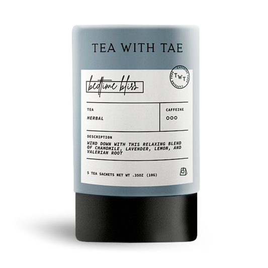 Tea package labeled 'Tea with Tae' on a white background