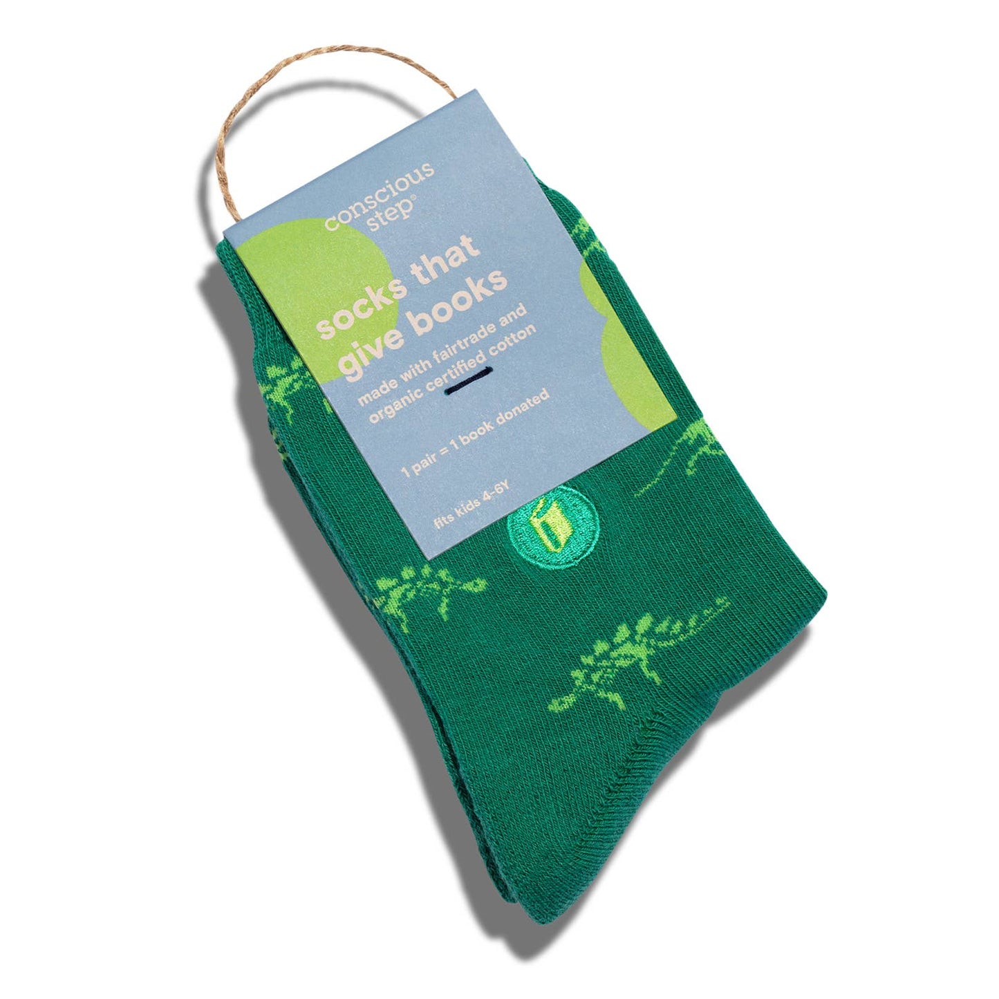 Green sock with a tag on a white background