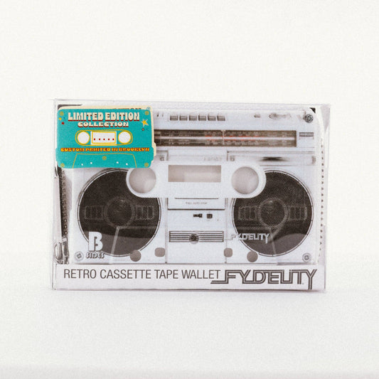 Retro cassette tape wallet with 'Fydelity' branding on a white background
