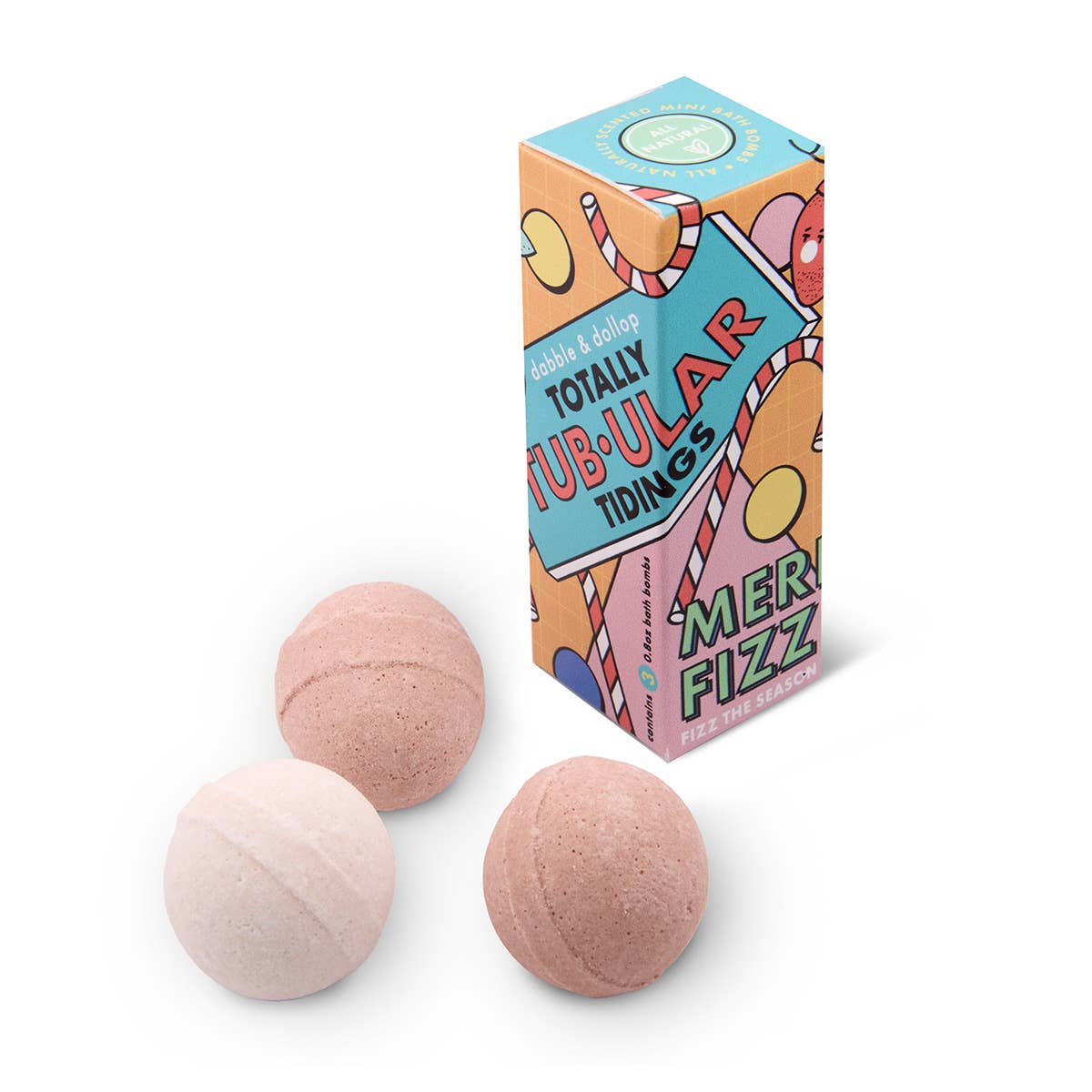 Pink bath bombs with a colorful box labeled 'Totally Tubular Tidings' on a white background