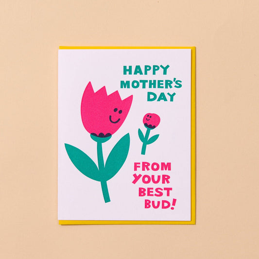 Mother's Day card with a pink flower and text on a beige background