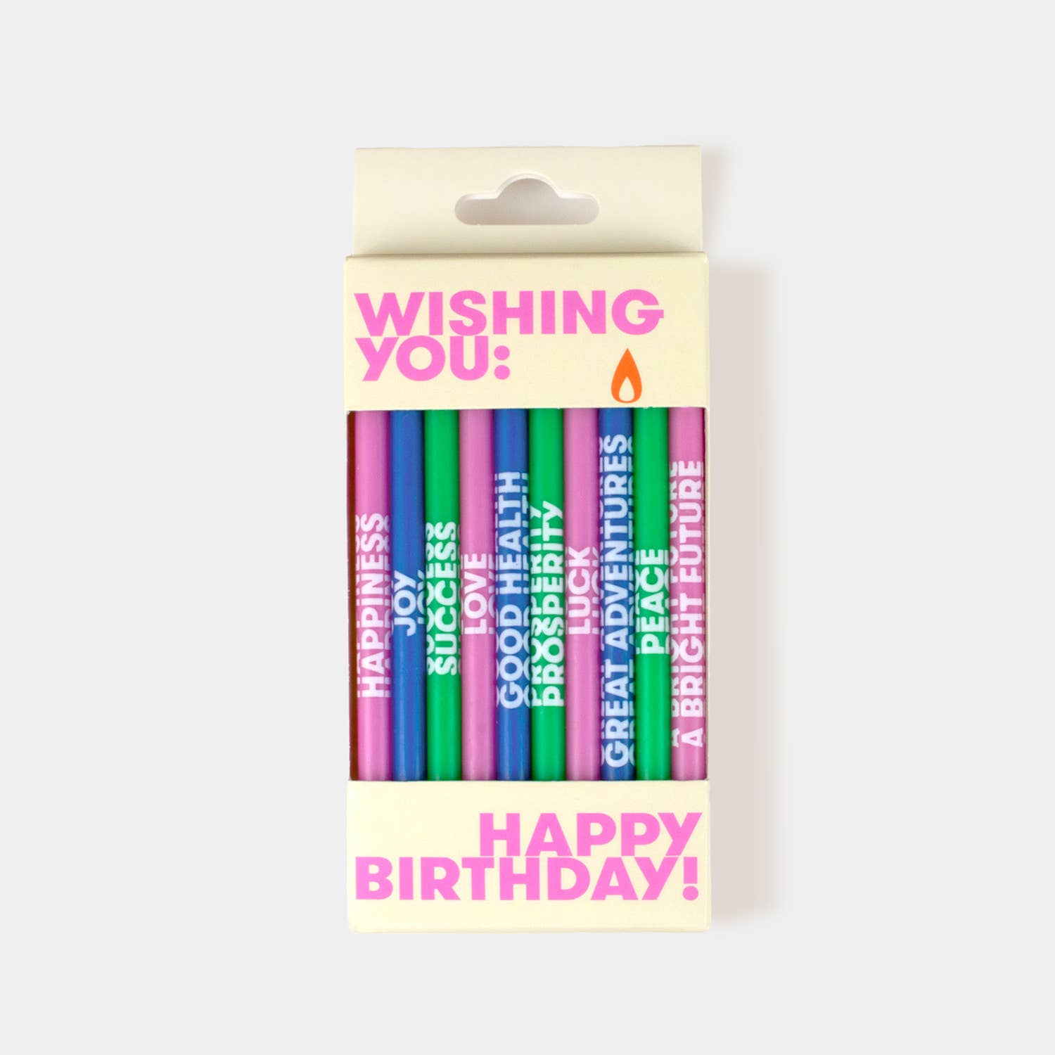 Pack of colorful birthday candles with text on a white background
