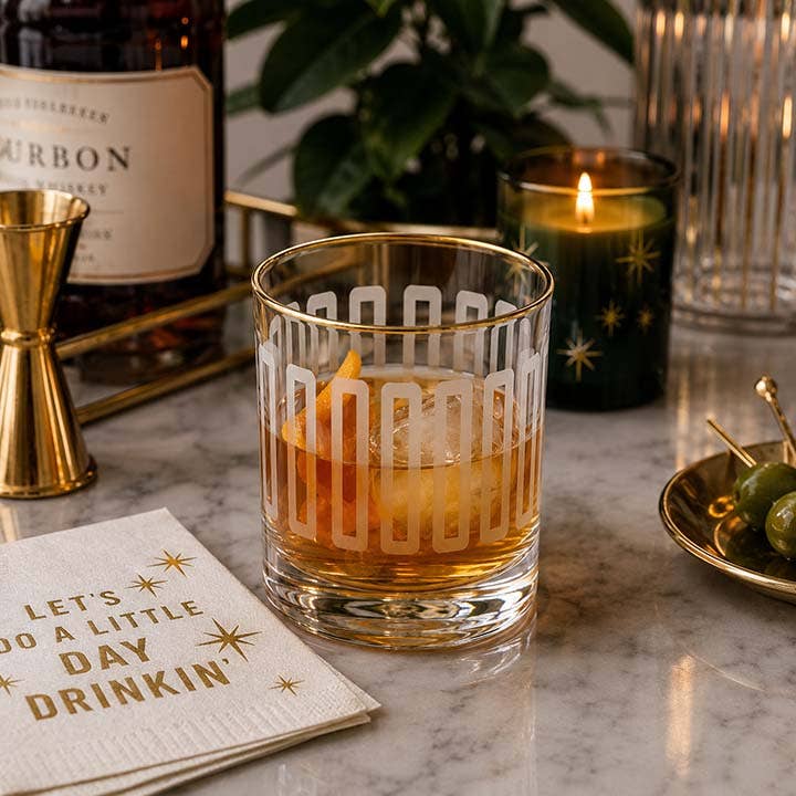 Mod Lounge - Frosted Mid Century Retro Whiskey Rocks Glass with Gold Rim