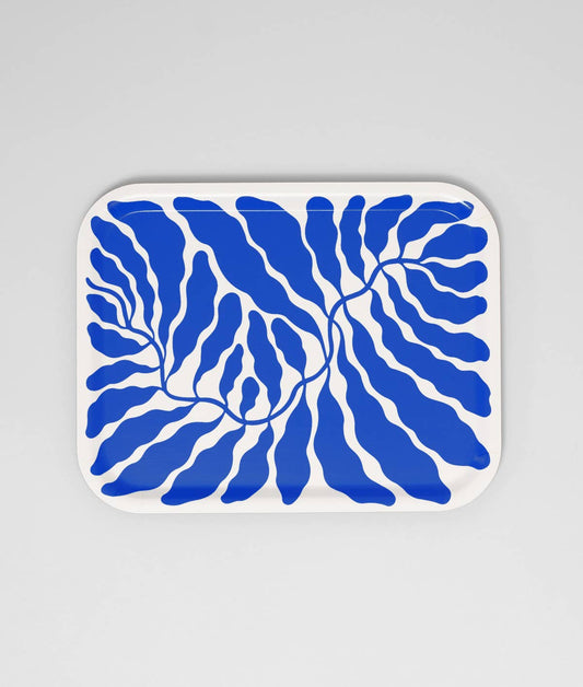 Deep Blue Leaves Large Rectangle Birch Serving Tray