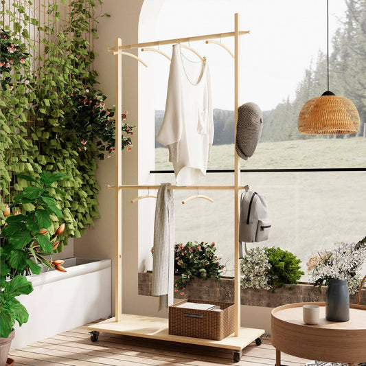 Solid Wood Garment Rack with Shelf, Wheels & 6 Hangers