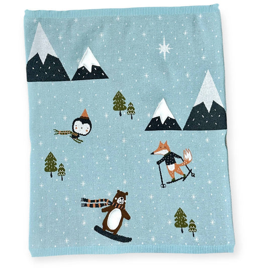 Viverano Organics | Fox & Bear Ski 3D | Organic Jacquard Knit Baby Blanket