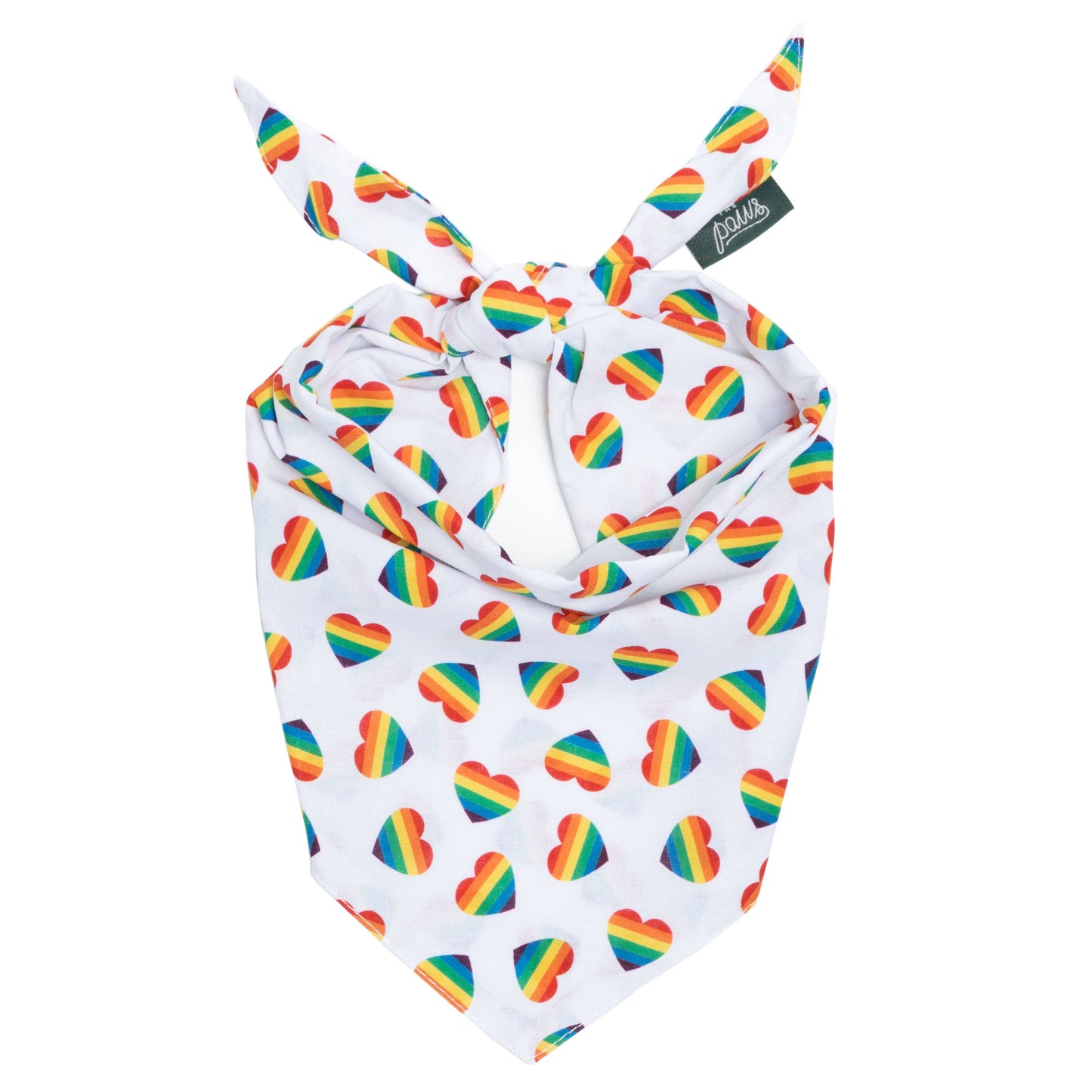 White bandana with rainbow heart patterns on a white background