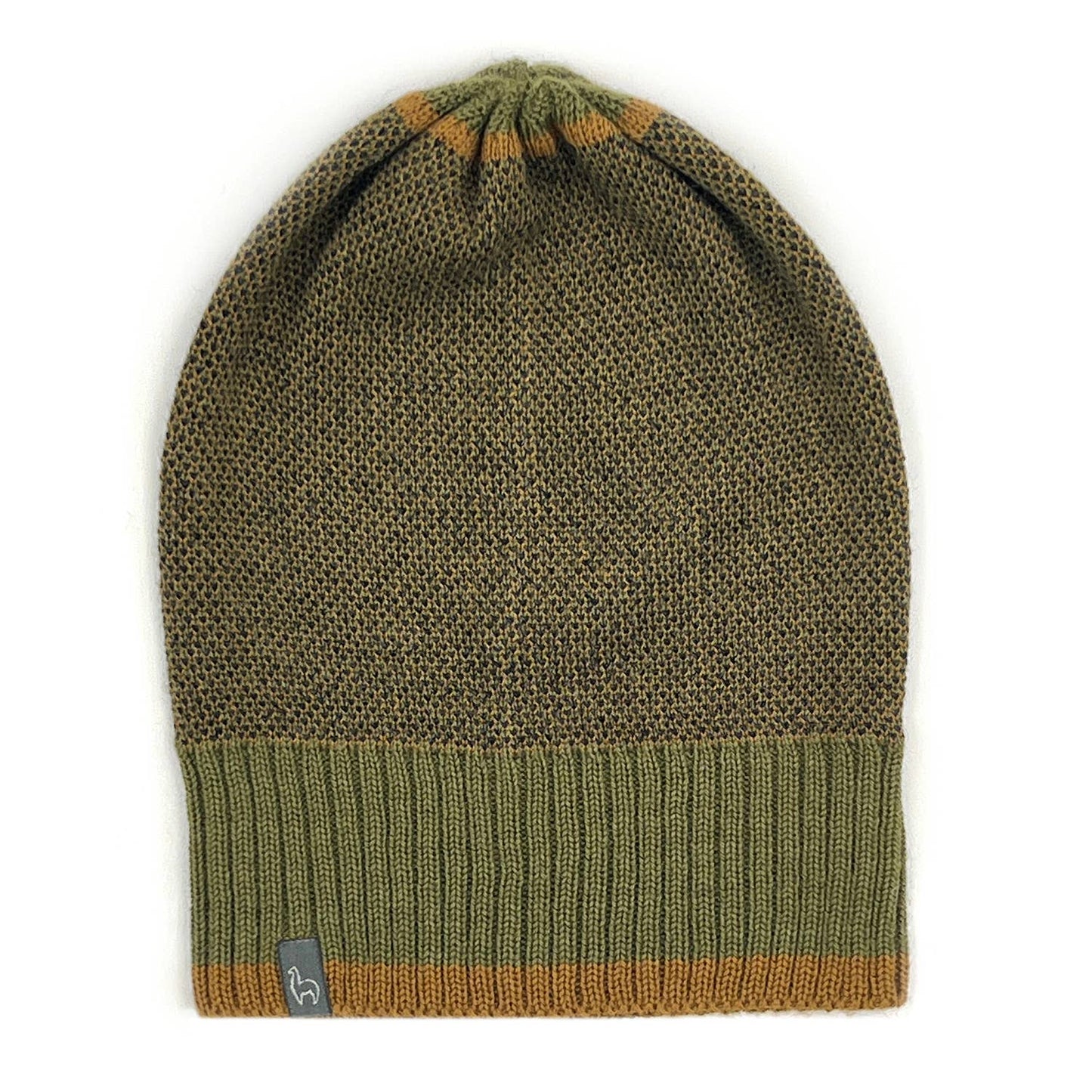 Green knit beanie with brown trim on a white background