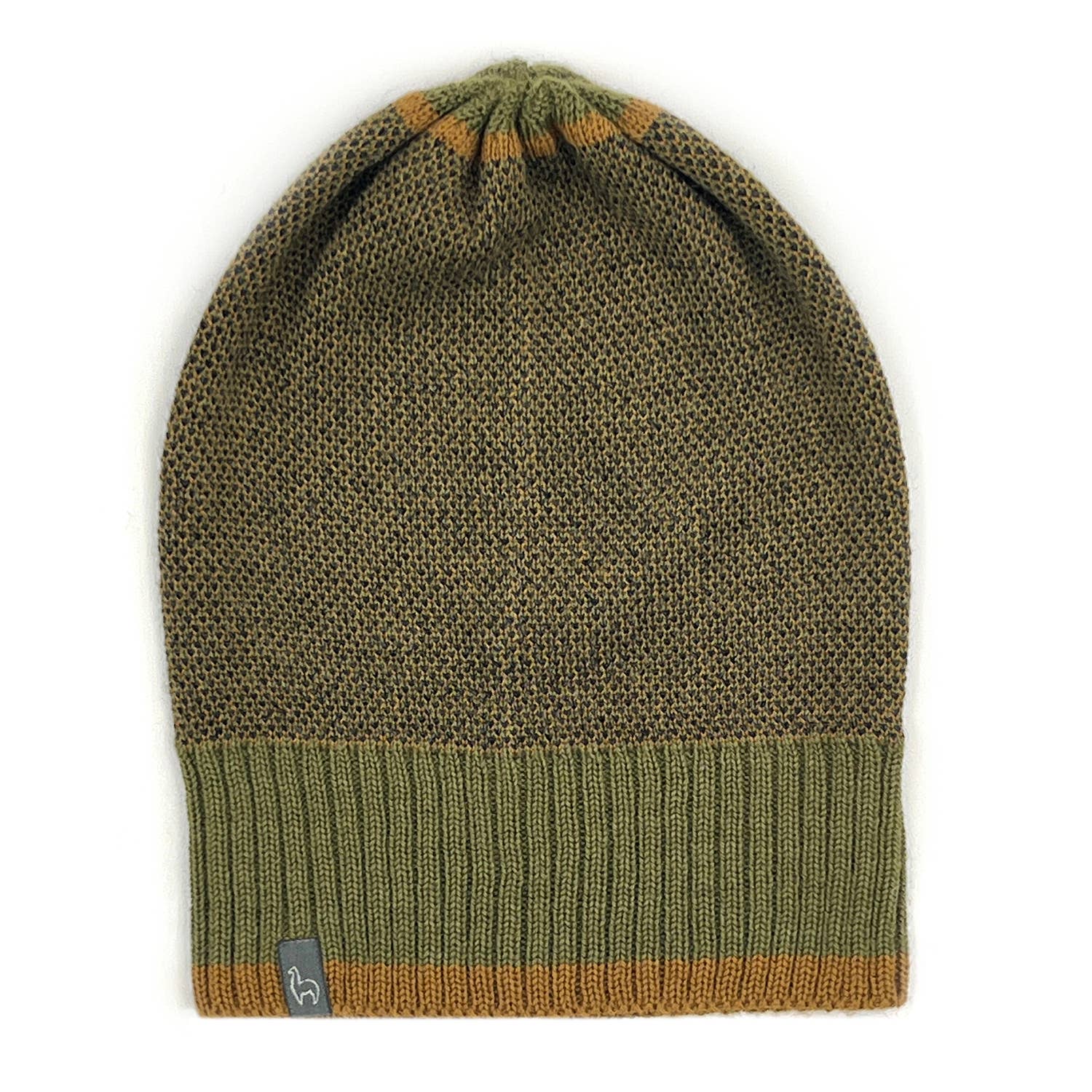 Green knit beanie with brown trim on a white background