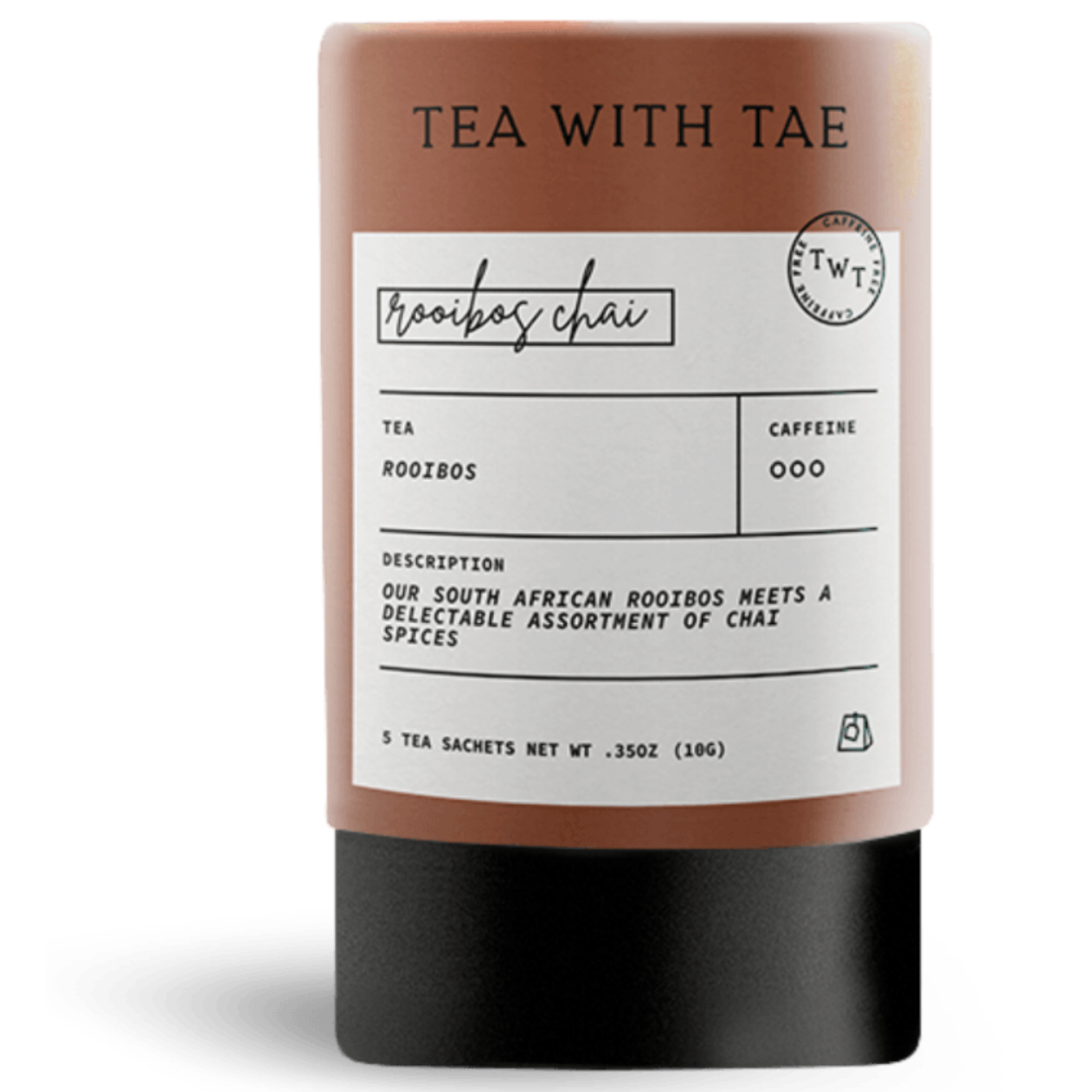 Tea packaging with label and 'The Chai Box' branding on a white background