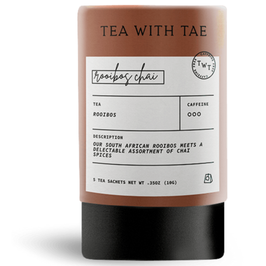 Tea packaging with label and 'The Chai Box' branding on a white background