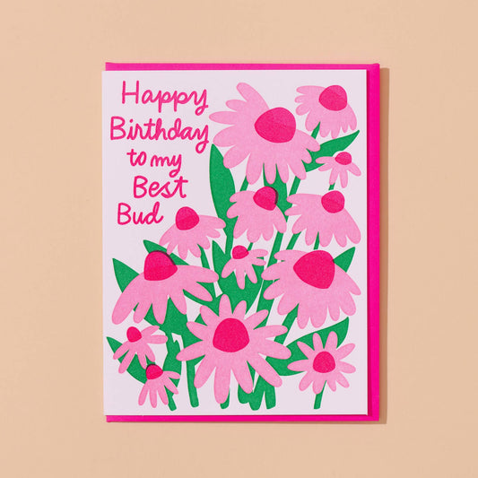 Birthday card with pink flowers and text on a beige background