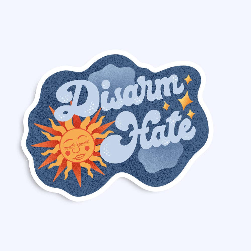 Sticker with 'Disarm Hate' text and a sun design on a light blue background