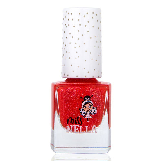 Red nail polish bottle with a white cap featuring gold polka dots, on a white background.