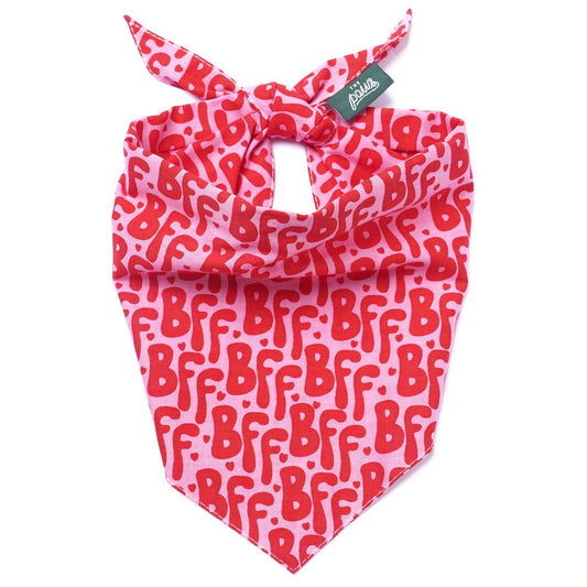 Pink bandana with red 'BFF' pattern on a white background