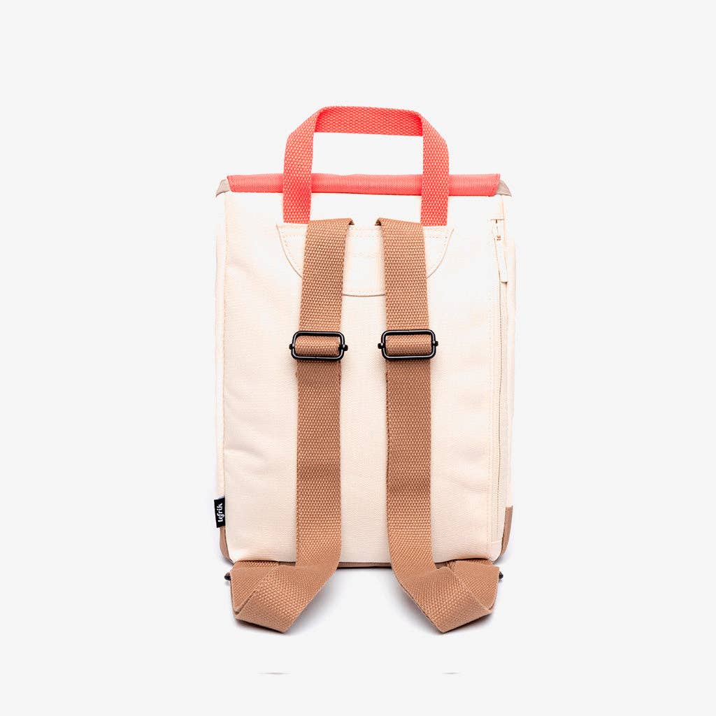 A canvas backpack shown from the back, featuring a cream-colored body, coral-pink top handles, and tan webbed shoulder straps