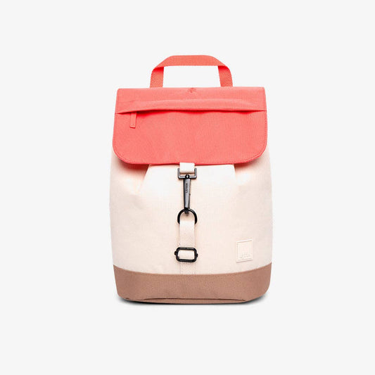 A color-blocked canvas backpack with a coral pink top flap and handle