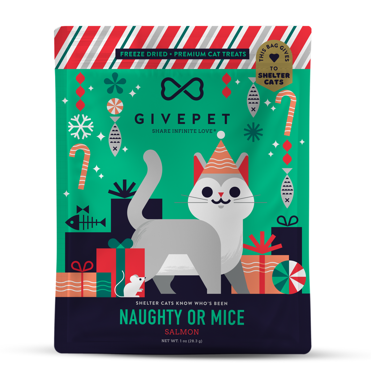 A package of GivePet 'Naughty or Mice' All Purpose Cat Food