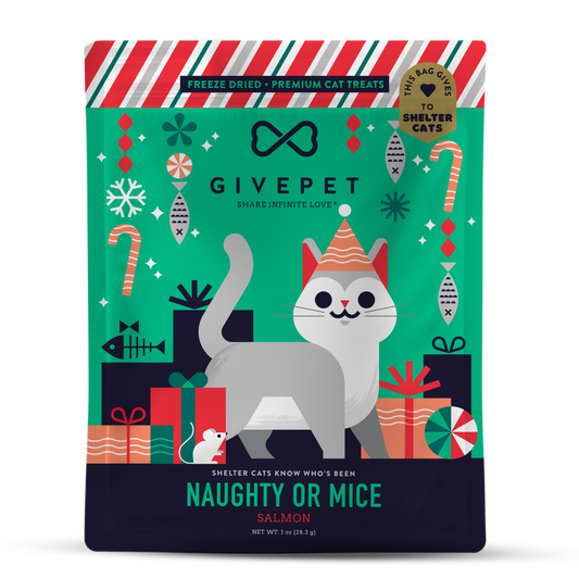 A package of GivePet 'Naughty or Mice' All Purpose Cat Food